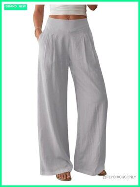 Wide Leg Linen Blend Pants Elastic Waist Lounge Travel Pants